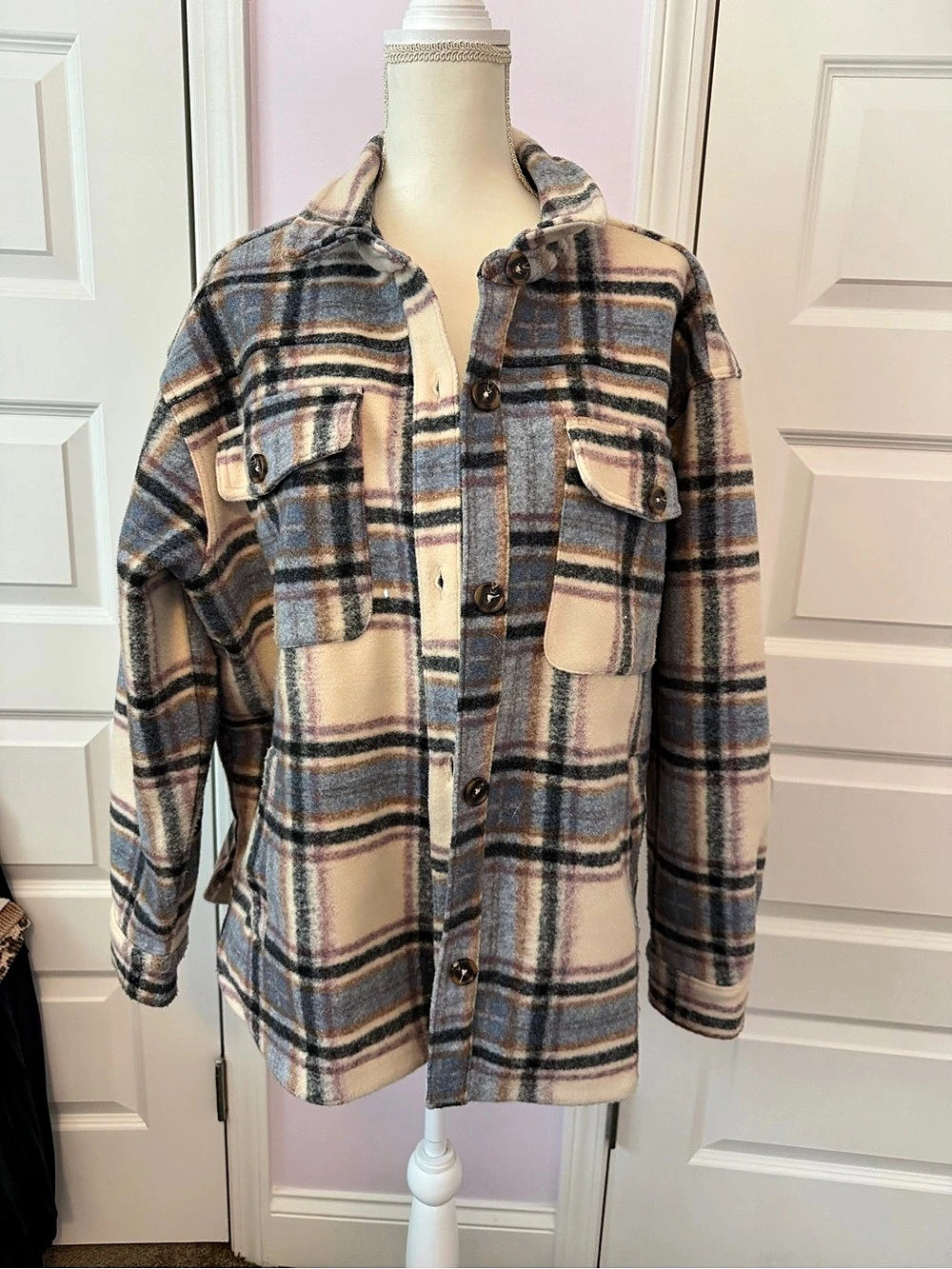 Maurices Wilder Plaid Fleece Shacket in Brown & Blue